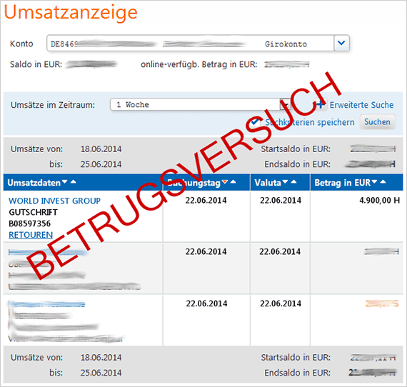 Ansicht gefälschte Umsatzanzeige