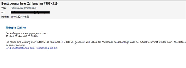 Ansicht der Phishing-Mail - Bestätigung Ihrer Zahlung