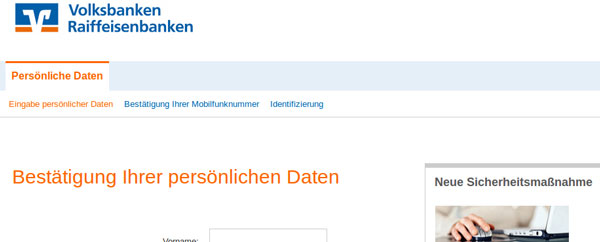 Ansicht der gefälschten Internetseite zur Überprüfung der Kundendaten - Bestätigung der persönlichen Daten