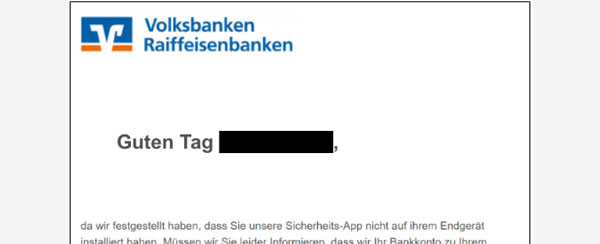 Ansicht einer Phishing-Mail mit Aufforderung, eine angebliche Sicherheits-App herunterzuladen