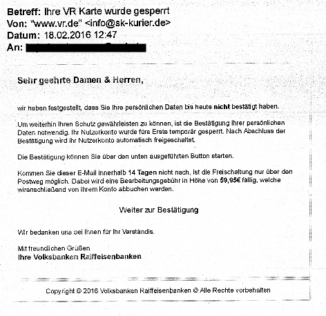 Phishing-Mail Karte gesperrt