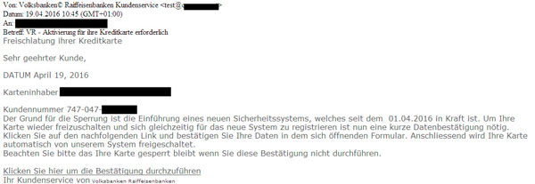 Ansicht Phishing-Mail Kreditkarte aktivieren