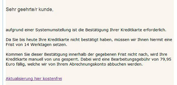 Ansicht Phishing-Mail Bestätigung Ihrer Kreditkarte