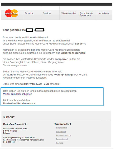 Beispiel einer Phishing-Mail "MasterCard gesperrt"
