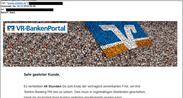 Beispiel einer Phishing-Mail mit angeblichem Absender DZ BANK und Logo des VR-BankenPortals