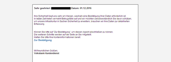 Beispiel einer Phishing-Mail mit Informationen zum Online-Konto