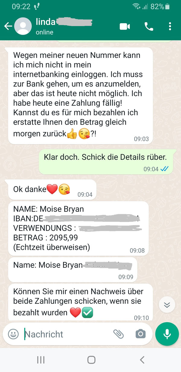 Phishing persönlicher Daten: Beispiel einer WhatsApp-Nachricht