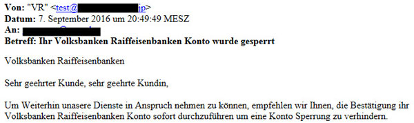 Phishing-Mail "Ihr Volksbanken Raiffeisenbanken Konto wurde gesperrt"