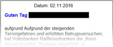 Phishing-Warnung Mitteilung Volksbank Konto