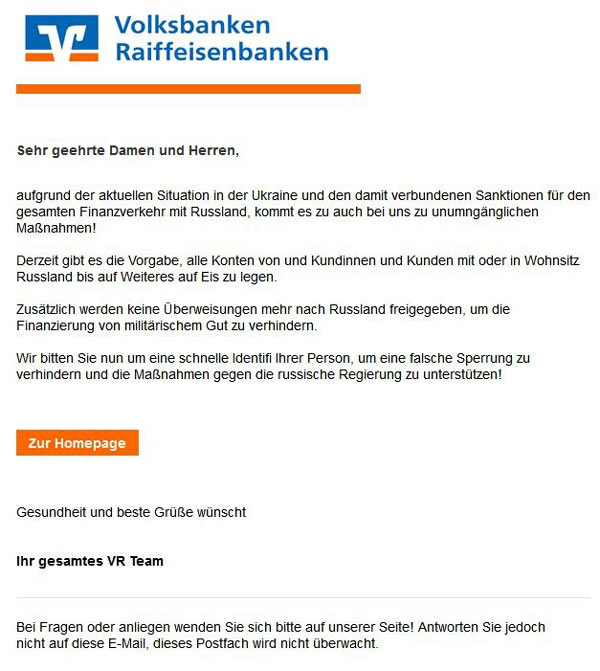 Phishing-Warnung Russland-Sanktionen: Beispiel einer solchen Phishing-Mail