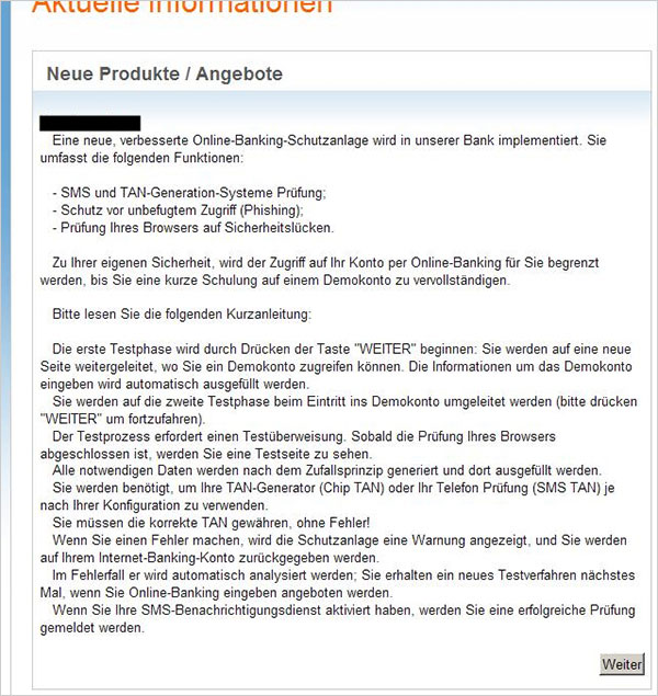 Phishing-Warnung Testüberweisung