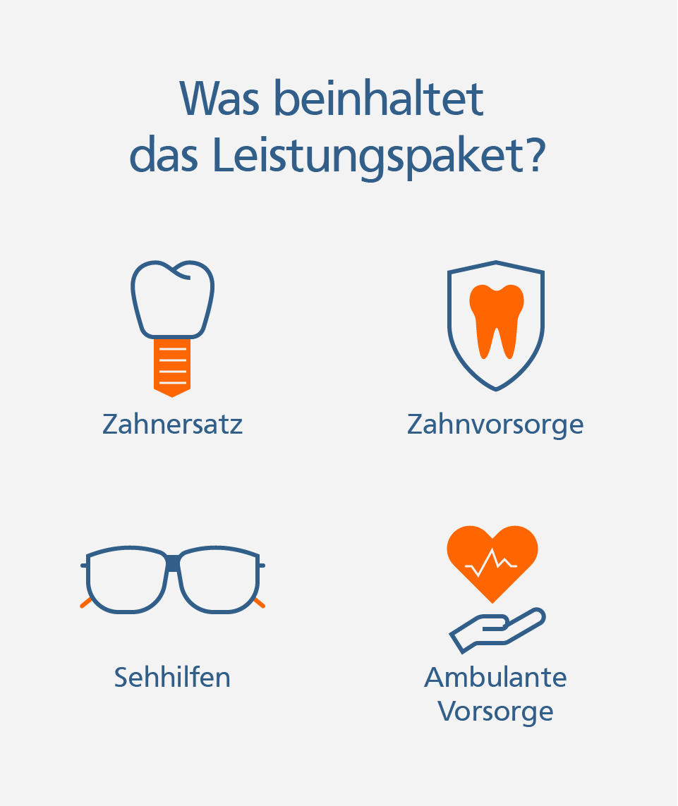Infografik: 1. Zahnersatz, 2. Zahnvorsorge, 3. Sehhilfen, 4. Ambulante Vorsorge