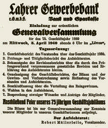 Die Ankündigung der Generalversammlung des Jahres 1940 mit anschließender Jubiläumsfeier