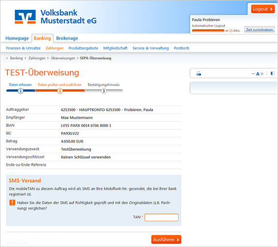 Ansicht Phishing-Mail, Vorwand: Test-Überweisung