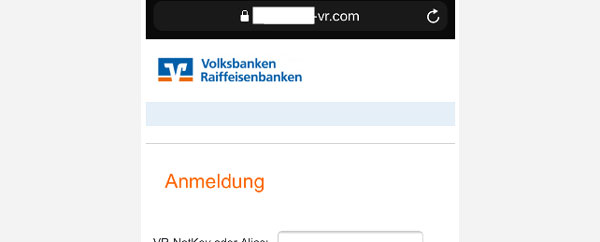 Ansicht der Phishing-Seite mit Eingabemaske für VR-NetKey oder Alias und PIN