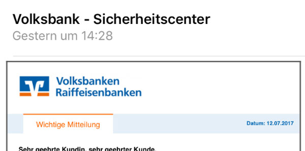 Screenshot: Phishing-Mail Konto verifizieren