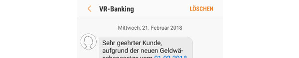 Ansicht der Phishing-SMS, in der sich Betrüger auf das Geldwäschegesetz berufen